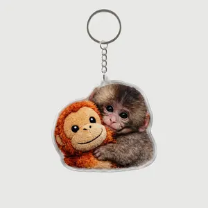 Viral Cute Baby Monkey Hugging Stuffed Custom Shape Acrylic Keychain