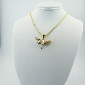 Dragonfly with Mouse Tail Chain 18 Inches Necklace - Gold-Toned Pendant Jewelry