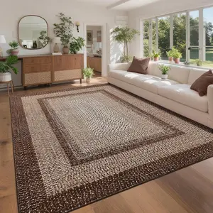 9'x12' Washable Area Rug for Living Room Modern Bedroom,Printed Braided Large Area Rug Non Slip Throw Rugs Stain Resistant Carpet for Nursery Dining Room,Dark Brownd