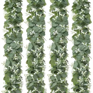 Eucalyptus Garland with White , 4 Packs 5.9Ft Artificial  Dollar Eucalyptus Leaves   Greenery  Ivy Vines Faux Wreath for Wedding Arch Party Mantle Table  Decor