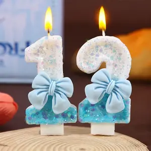 Blue and Bow Princess Style Number Candles, Creative Birthday Cake Decorations, Handmade Party Candles, Super Sparkly Flake Candles