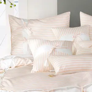 Luxury 7-Piece Pink Stripe Comforter Set – French Bow Design, Soft Cozy Bedding, Aesthetic Room (Queen/King)
