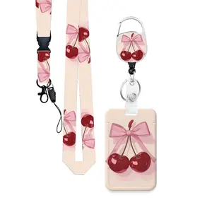 Cherry ID Badge Holder Set, Retractable Badge Reel, Rotating Clip, Waist Keychain, Nurse Teacher Office Supplies, Detachable Lanyard