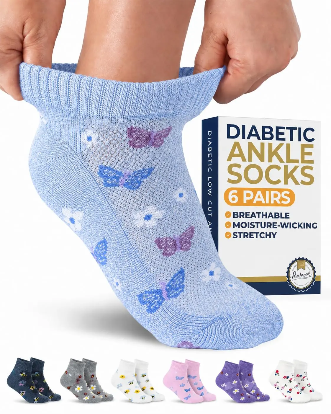 Pembrook Women's and Men's Diabetic Socks, Low Cut Ankle Style with Breathable Mesh, Smooth Fit and Cushion for Sitting, Low Cut Socks
