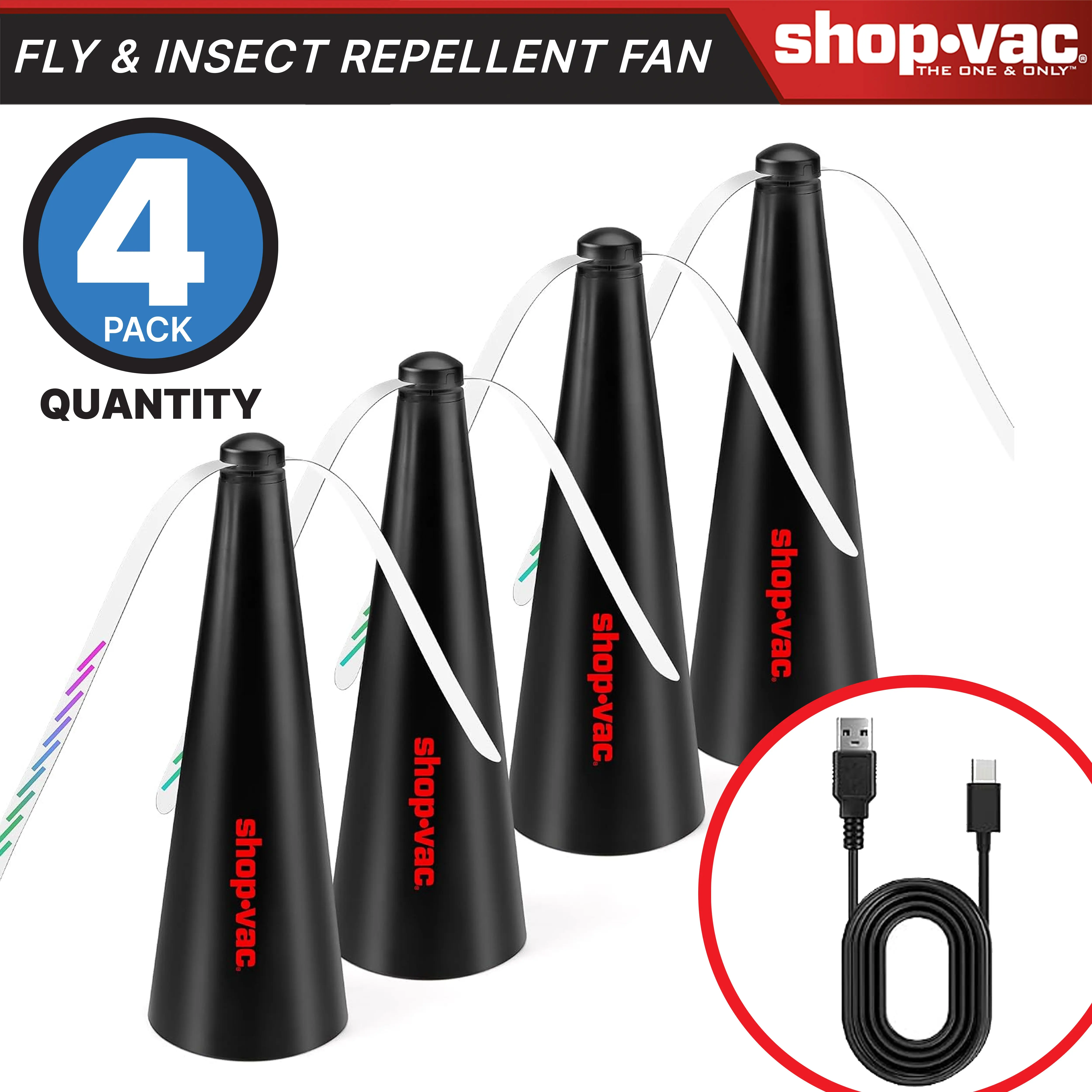 Shop-Vac 4-Pack Portable Fly Repellent Fans - USB Rechargeable with USB Port, Flexible, Natural Alternative to Fly Swatters for Outdoor Patio, BBQ Use, Flies