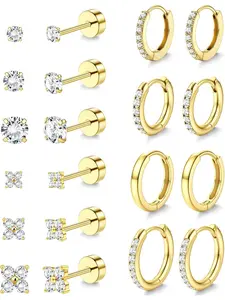 Hypoallergenic Gold Stud Hoop Earrings for Women - Stainless Steel Flat Back Earrings 14K Gold Cartilage Hoops Earring Stacks Small Flatback Stud Earring Sets for Multiple Piercing