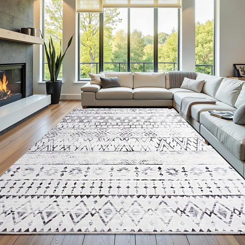 8x10 Washable Bohemian Print Area Rug with Geometric Pattern,Non-Slip Backing Indoor Modern Floor Mat,Low Pile Rug for Living Room,Bedroom,Dining Room,Dorm Home Decor, Red, Light Grey, Green,4x6,5x7,6x9,8x10 Feet