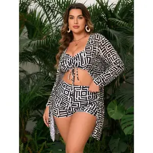 Plus Size Swimwear Women, Multi-Color Checkered Bikini Set, High-Waisted Swimsuit, Long Sleeve Mesh Swim Top, Separates Bathing Suit For European & American Women