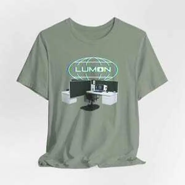 LUMON Glow Logo and Desks Graphic Tee - Sci-Fi Enthusiasts, Lumon Industries Shirt, Unisex Garment-Dyed T-shirt, Severance TV Show Fans