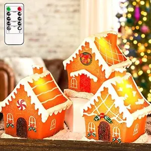 Christmas Gingerbread House Tabletop Decoration Lighted Christmas Village House Real Wax Battery Operated with Remote Flickering LED Light Christmas Village Decor for Mantel Desk Table Centerpiece