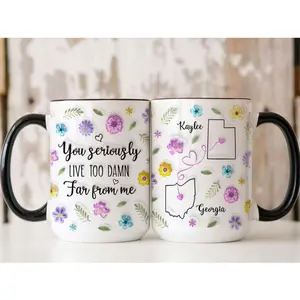 You Seriously Live Too Damn Far From Me 3D Iated Effect Mug, Long Distance Friend Gifts, Custom State To State Mug, Bff Gift, Friend Mug