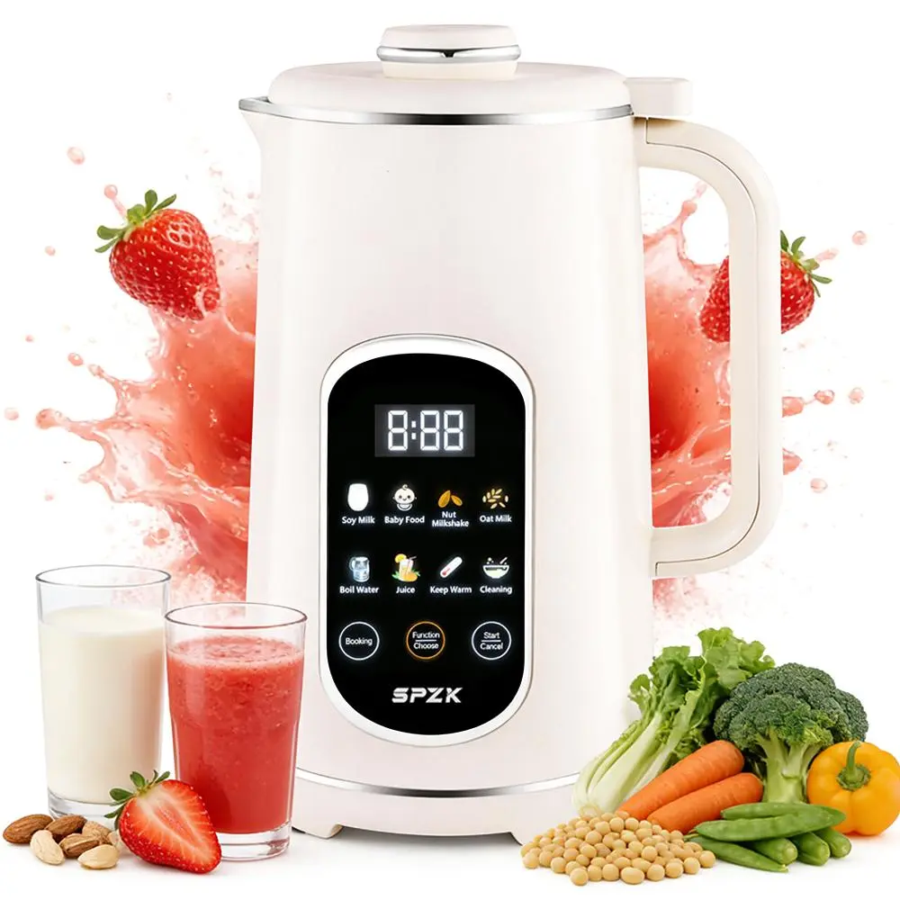 SPZTJK 8-in-1 Multifunctional Nut & Soy Milk Making Machine, Automatic Heating, Make Homemade Oat Milk, Chocolate Milk & More, Stainless Steel Interior, Safety Power Switch, Built-In Self-Cleaning Mode