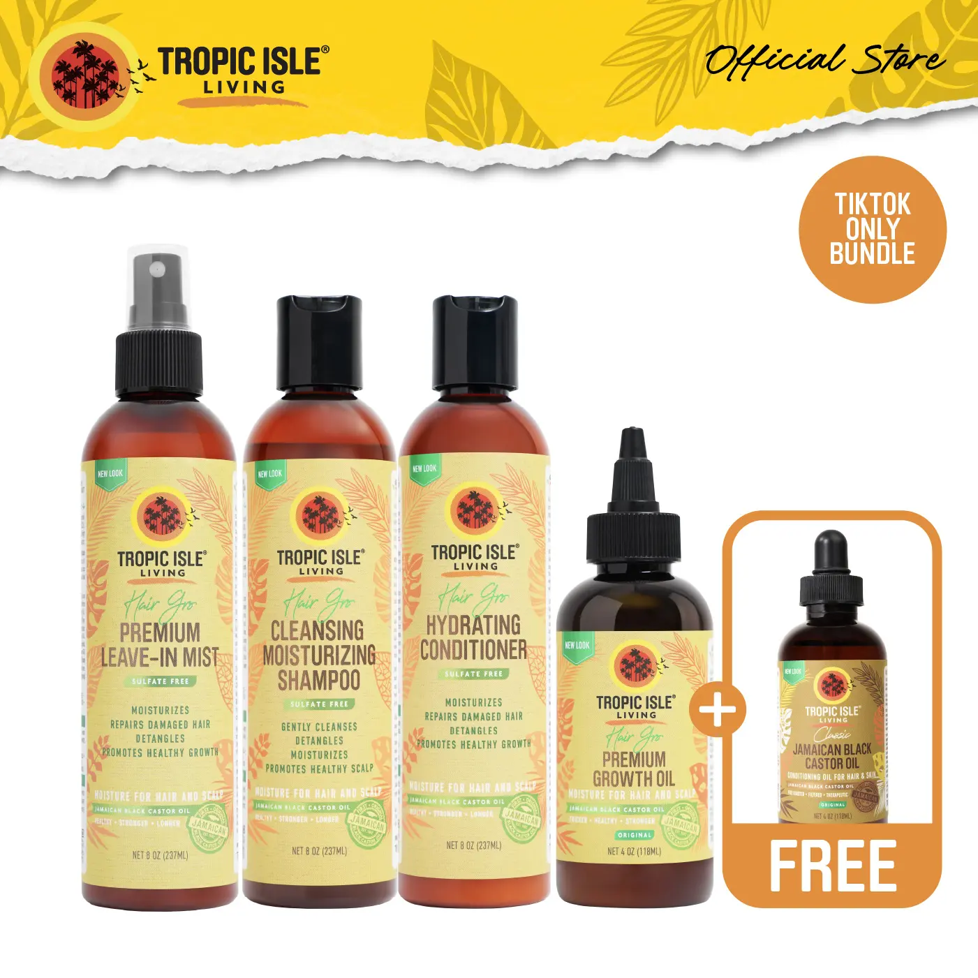 TROPIC ISLE LIVING 4-Piece Hair Care Kit with Free 4oz Jamaican Black Castor Oil, Natural Smoothing Moisturizer for Hydrating & Conditioning Daily Use, Lightweight, Hair Growth, Cleanser, Curly Hair
