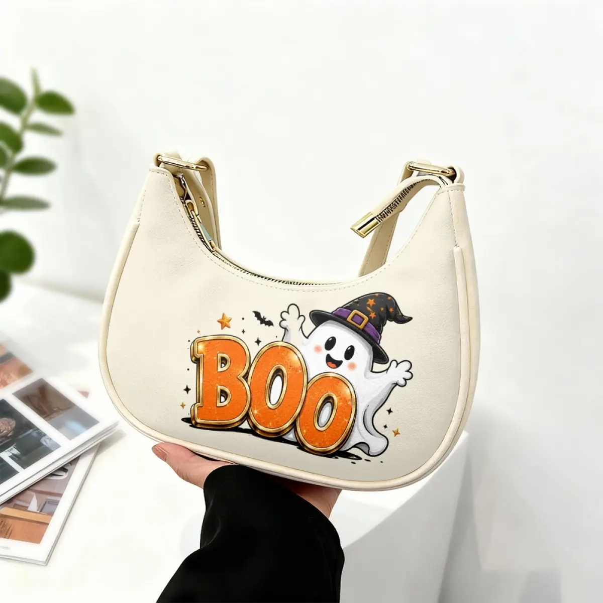 Halloween Cute Ghost Witch Hobo Shoulder Bag, Trendy Retro Crescent Handbag, Spooky Ghost Purse, Halloween Party Daily Shoulder Handbag Gift For Women