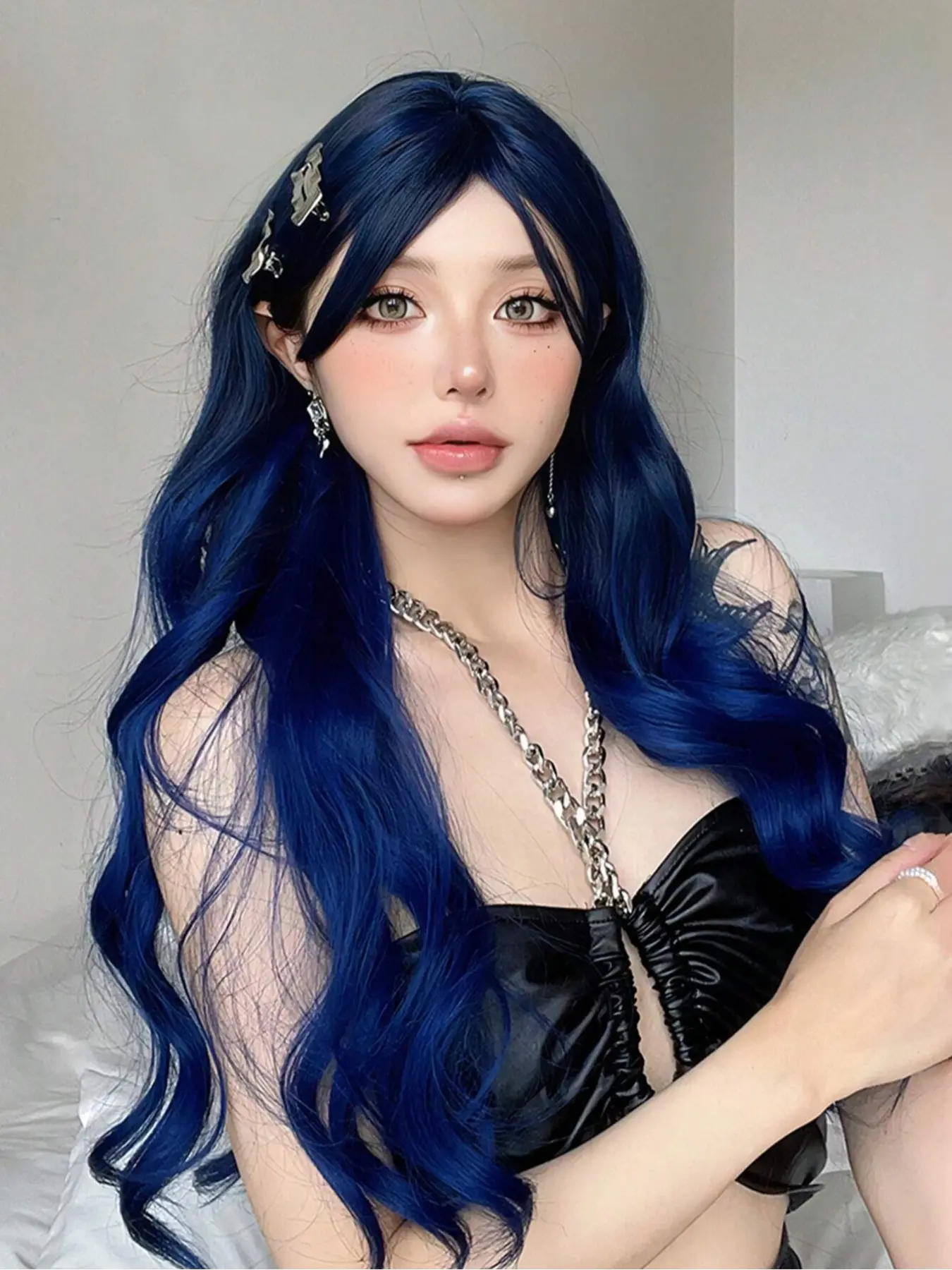 Women's Fashion Synthetic Hair Wig, Long Curly Blue Wave Bangs Design, High-Temperature Fiber Full Headset for Women Daily Wear & Party Use, Synthetic Fiber Wigs, Wigs With Bangs, Synthetic Wavy Hairstyle
