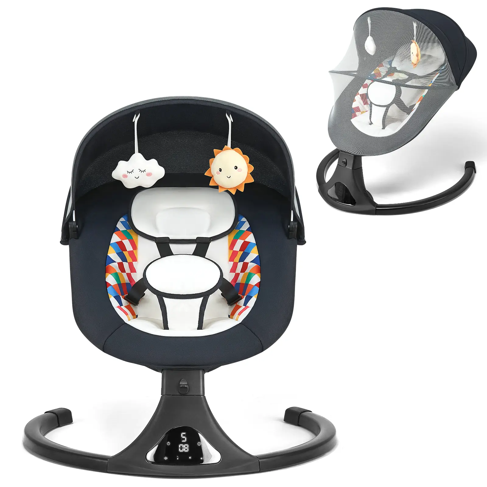 Sensory Soft Lounge Fabric Baby Swing Seat - Electric, Portable, 5 Swing Speeds, 12 Lullabies, Bluetooth Music, 3 Timer Settings, Dual Control, Nature-Inspired, Phthalate-Free, PVC-Free for Infants