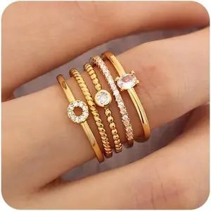 14K Gold Plated Stackable Rings for Women Non-Tarnish Dainty Cubic Zirconia Wedding Band Set, Minimalist Promise Engagement Ring, Trendy Stacking Rings, Size 6-10, Gift for Her, Anniversary Jewelry, Size 6-10