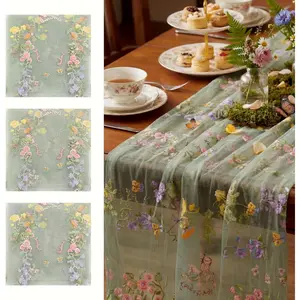 Sage Green Floral 10ft Embroidery Tulle Spring Wildflower Table Runner Seasonal Summer Butterfly Gauze Decoration for Kitchen Dining Wedding Baby Shower Birthday Party 3 Pcs