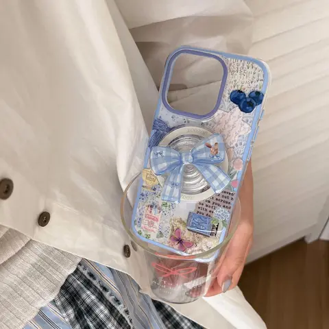 Magnetic Two-In-One Blueberry Watercolor Floral Bow + Stand Protective Phone Case for Apple iPhone 18 Pro Max, Fashionable and Cute Mobile Cover