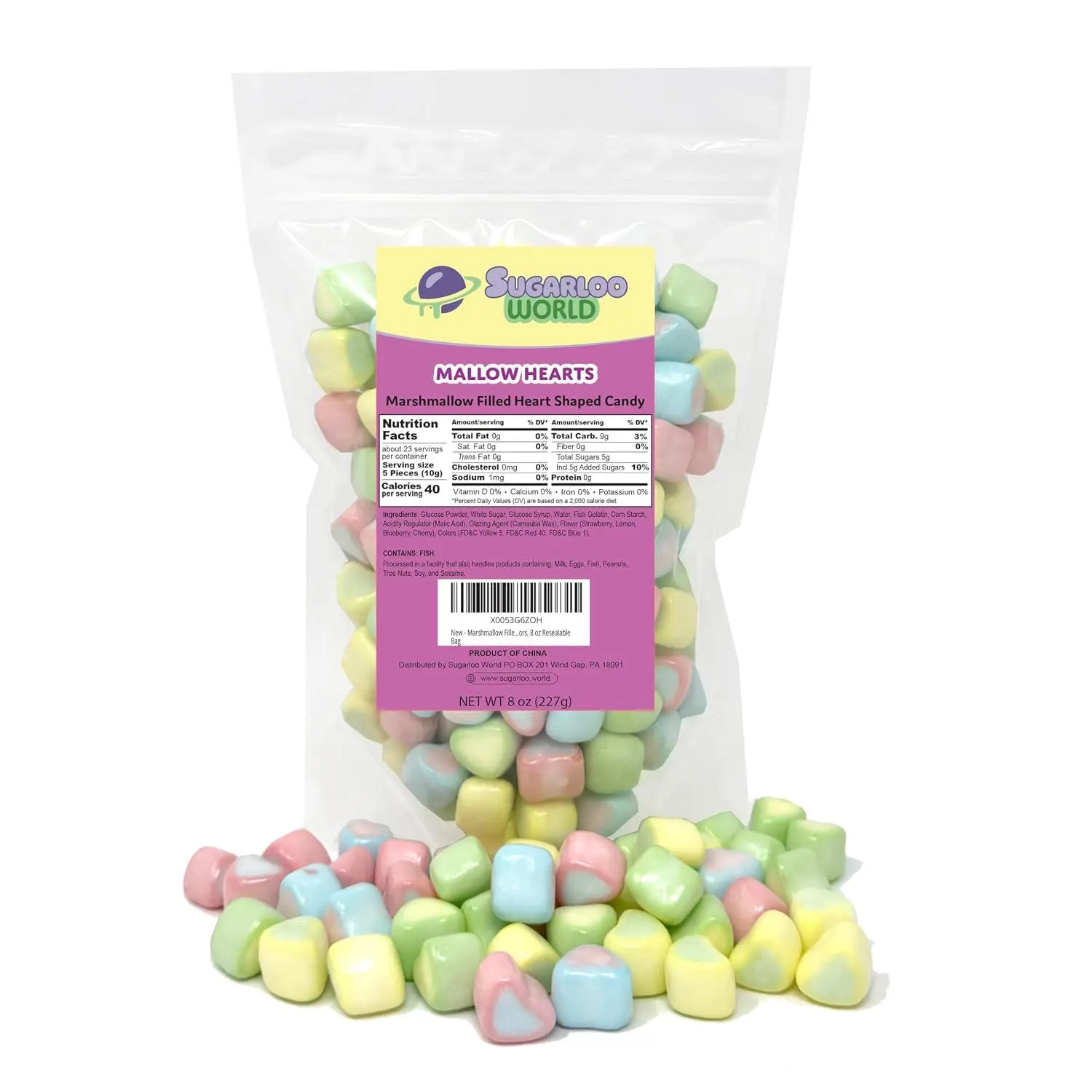 Candy Coated Marshmallow Filled Candy Heart Shapes 8 oz Resealable Bag
