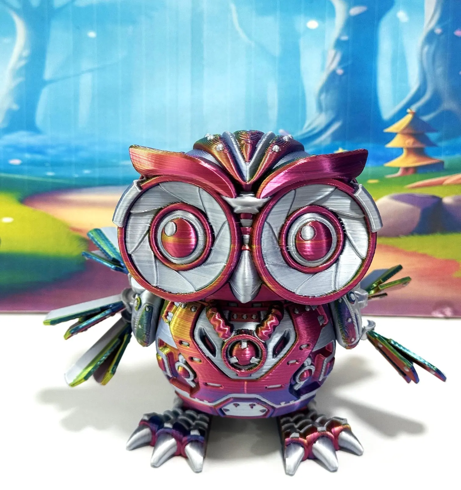 3D Printed Cyber Owl, 4" Articulated Owl Fidget Toy, Red Yellow Blue Posable and Movable Owl, 3D Printed in USA