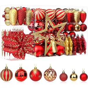 Christmas Balls Ornaments Set, Colorful Shatterproof Plastic Decorative Baubles for Xmas Tree Decor Holiday Wedding Party Decoration with Hanging Hooks, Red & Gold