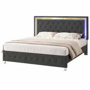 [MothersDayGift] #Summervibes AMERLIFE Modern Bed Frame with RGB LED Lights, Adjustable Headboard Velvet Button Tufted/Acrylic Mirror Accents/Smart APP&Remote Control/No Box Spring Needed/Furniture Room/Full/Queen Size/Best Gift Ideas/Christmas Gifts
