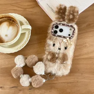 Cute Furry 3D Rabbit Phone case for iPhone 15 Pro 16 Plus 15 14 13 17 Pro Max Fundas Warm Fluffy Protective Case With Hand Strap