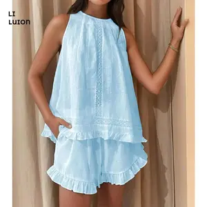 Womens Ruffle Pajama Set Cotton 2 Piece Sets 2025Summer Sleeveless Lace Trim Top and Shorts