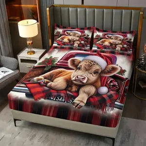 3-Piece Christmas Highland Cow Vintage Truck Fitted Sheet Set, Soft Breathable Polyester Bedding Set, Rustic Holiday Decor for Master Bedroom, Farm‑Style Bedroom, Family Bedroom, Filler Not Included