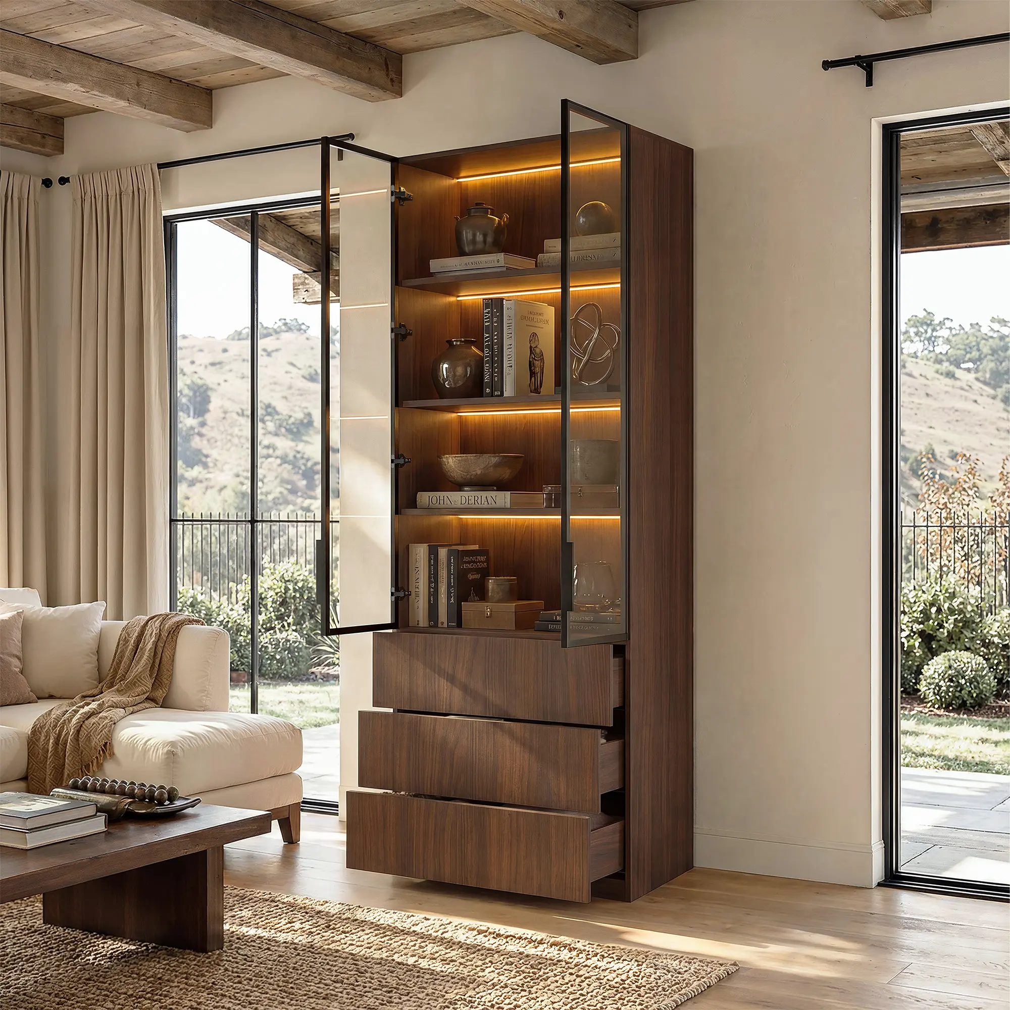 FUFU&GAGA Modern Tall 92.5" Glass Display Curio Cabinet with Remote LED Lighting, Walnut Wood Storage Tower with Soft-Close Drawers & Adjustable Shelves
