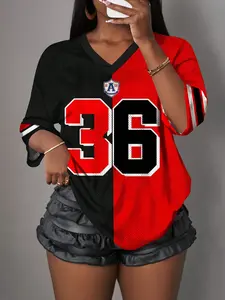 Y2K American Retro Style Loose-Fit V-Neck Sporty T-Shirt, All over Print Jersey Top, Hip-Hop Streetwear Fashion for Women