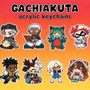 8 Ops GACHIAKUTA Acrylic Keychains, Amo, August, Guita, and Dear Santa keychains