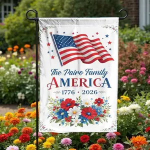 Personalized Patriotic Garden Flag _ USA 250th Anniversary Floral Decor _ Double Sided Weather Resistant Fabric _ Custom Family Name Yard Banner