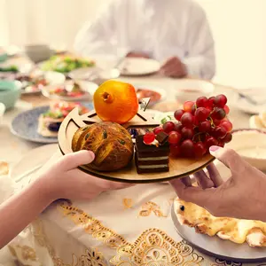 Party Table Centerpiece Plate, Ramadan Wooden Tray, Crescent Moon Star Cutlery Set, Breakfast Dinner Dessert Display Stand Decorations