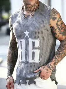 Men's Y2K Style Knitted Vest, Sleeveless Ripped Edge Fringe Top, Digital Embroidery, Casual Outdoor Wear, Spring Summer Fall