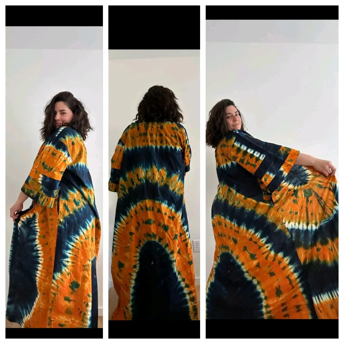Tie Dye Women's Duster Kimono Robe -- 1 Size (L-2x) with belt /headtie, Yellow Blue Long Coat9 Cardigan Jacket w pockets,  spring wear cruise