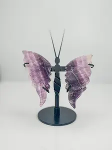 Hand-Carved Purple Fluorite Butterfly Wings on Stand - Elegant Crystal Decor for Home