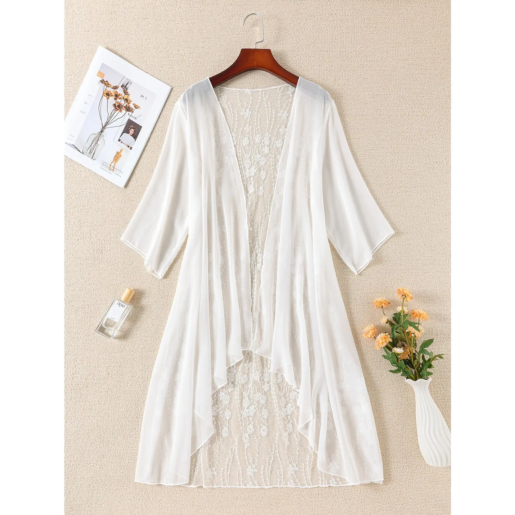 Women's Plus Size Woven Solid Cape Shawl Cardigan - Casual Vacation Women's Clothes, Polyester, Long Sleeves, Asymmetric Hem, Lace Trim