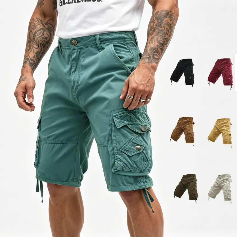 Men’s street-style functional cargo shorts—knee-length workwear shorts with multi-layer flap pockets for outdoor travel; mid-thigh cargo shorts with adjustable drawstring cuffs, abrasion-resistant for everyday wear.