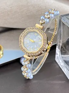 French Romantic Small Pearl Rhinestone Bracelet Watch, Elegant Ladies' Quartz Wristwatch, Digital Mother-Of-Pearl Dial