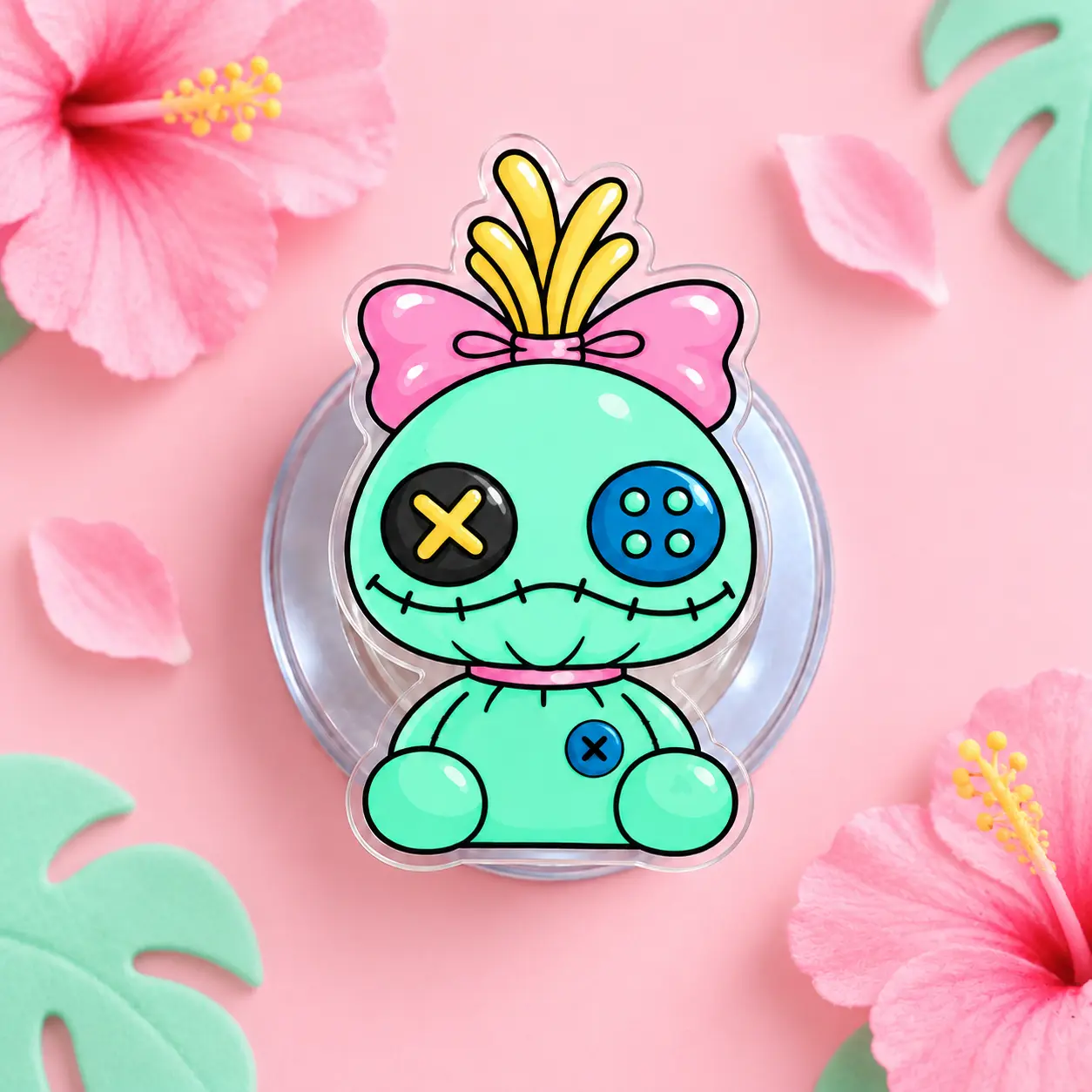 Pastel Rag Doll MagSafe Phone Grip – Mint Green Doll Acrylic Magnetic Phone Holder & Kickstand, Pink Bow Cute Creepy Phone Accessory