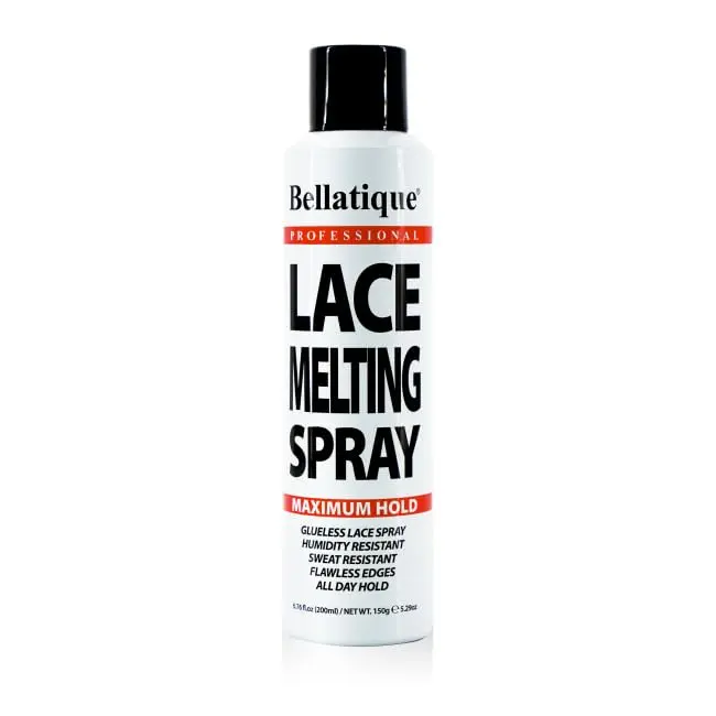 Bellatique Unisex Lace Melting Haircare Spray (6.67 oz) - Aerosol Mousse & Gel, Maximum All-Day Hold, Flawless Edges, Quick Easy Application, Fast-Drying, Humidity-Resistant, Sweat-Resistant, Flake-Free, Easily Removed Styling Spray, Dry, Long-Lasting Hol