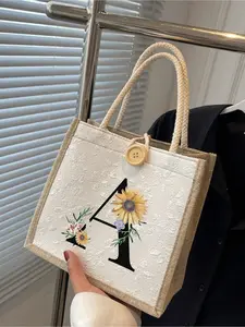 Daisy Pattern Handbag, A-Z Letter Print Linen Handbag, Small Florals Linen Button Decorated Handbag