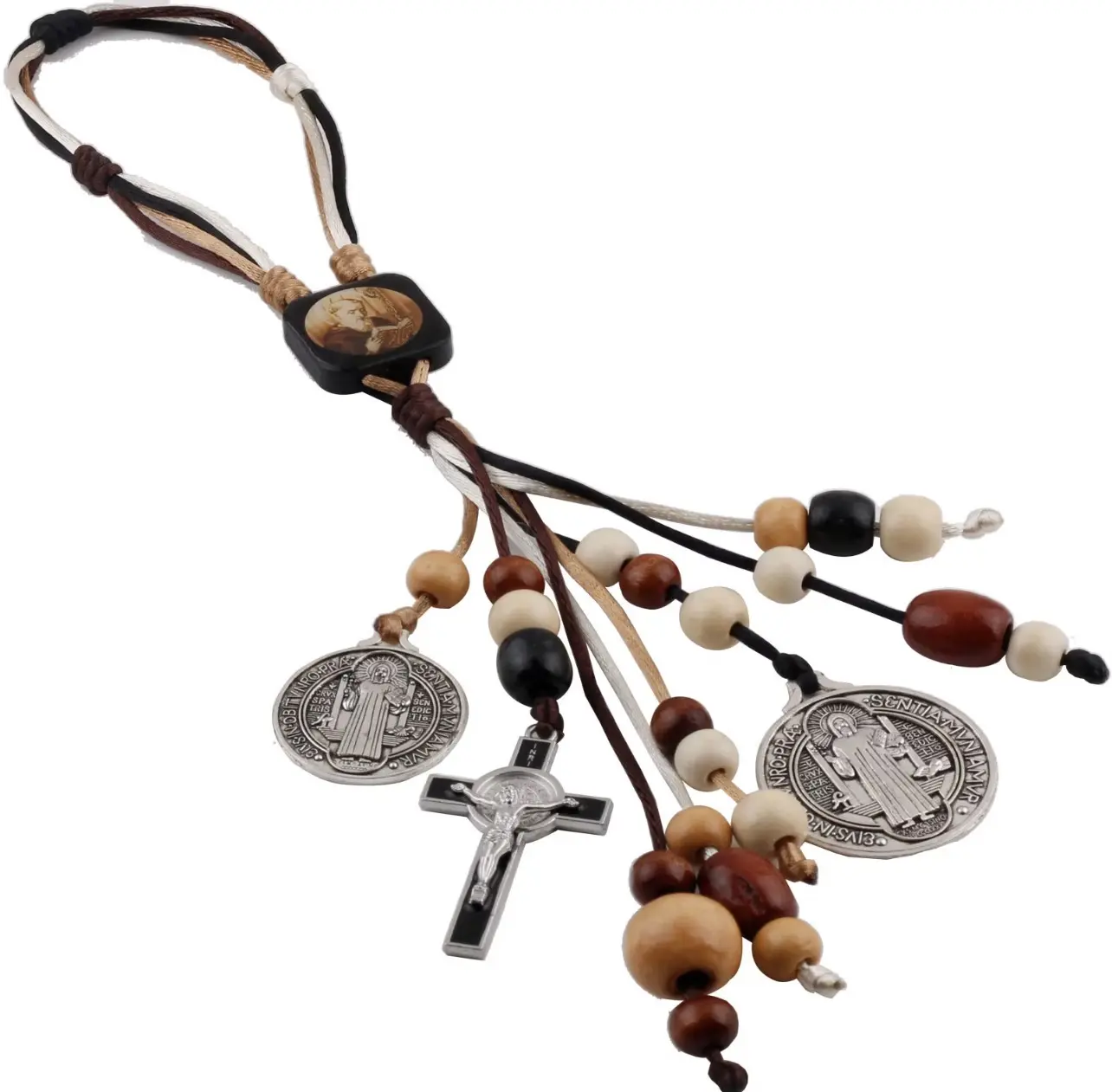 Catholic Religious Gift Set - St. Benedict Medal, Scapular, Wooden Bead Rosary, Door-Hanging Crucifix Medal for Car or Door Decor