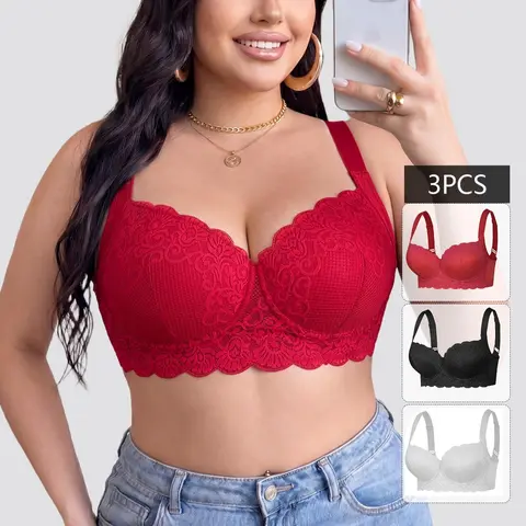3PCS Plus Size Lace Bra for Women, Wide Strap Full Coverage Push Up Bra, Breathable Mesh Underwire Bra, Gathered & Side Support, Anti Sagging Lingerie