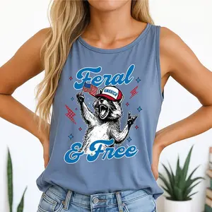 Feral and Free, Funny Raccoon 4th July Tank Top, USA Tank, American Flag Shirt, Raccon Feral Shirt, Independence Day, Patriotic Women Tank