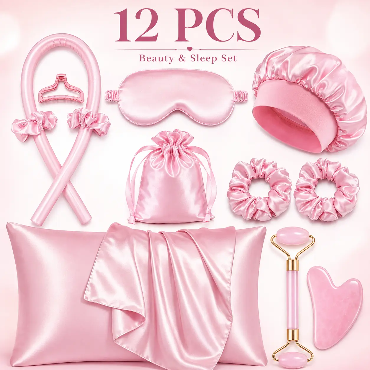 Girls' 12-Piece Satin Sleep & Beauty Kit, No-Heat Overnight Curling Tool with Pillowcase, Eye Mask & Face Roller, Damage-Free Big Waves Styling, Soft Haircare Set, Ideal Self-Care Gift for Christmas, Valentine's Day