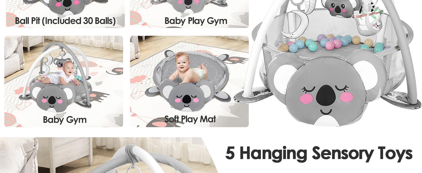 dearlomum 4-in-1 Baby Play Mat Koala Gym Tummy Time Mat for Floor Activity with 30 Balls & 5 Sensory Toys for Newborn Toddler Boy & Girl Gifts