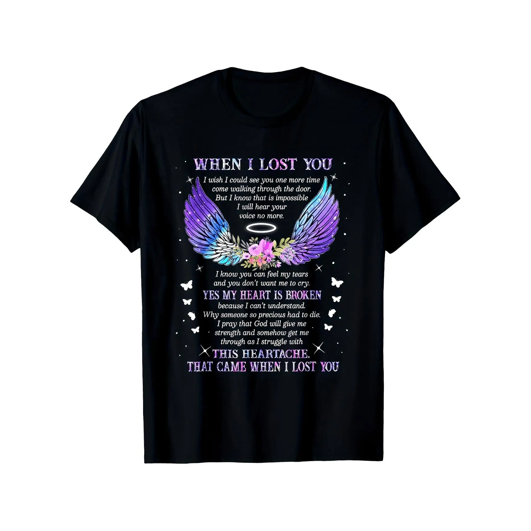 Heaven Tee When I Lost You TShirt Unisex Casual Short Sleeve Round Neck Top with Memorial Quote Angel Wings Butterflies Print Comfort Fit Machine Washable Black Shirt for Men, PLUS SIZE